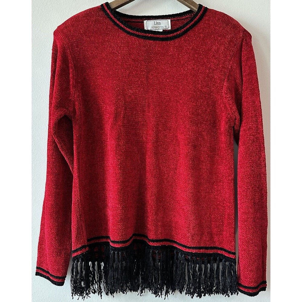 Lisa International Vintage Red Knit Fringe Sweater Holiday Christmas Large Small